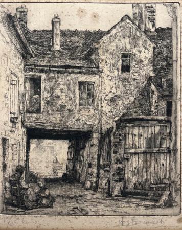 Quadro di Auguste Bront Cortile interno  - litografia carta 